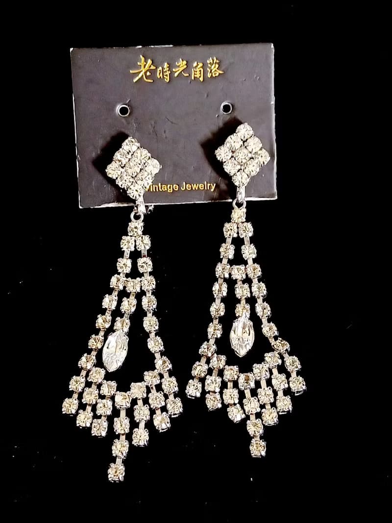 vintage jewelry 華麗晚宴風垂墜萊茵鑽 夾式耳環