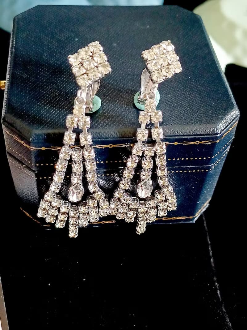 vintage jewelry 華麗晚宴風垂墜萊茵鑽 夾式耳環