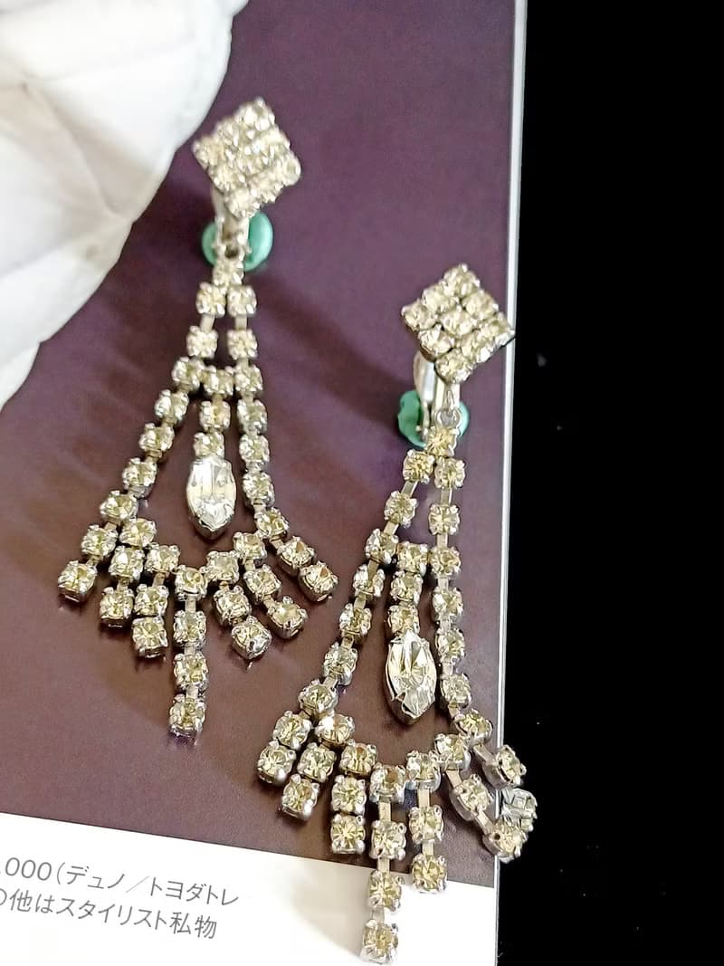 vintage jewelry 華麗晚宴風垂墜萊茵鑽 夾式耳環