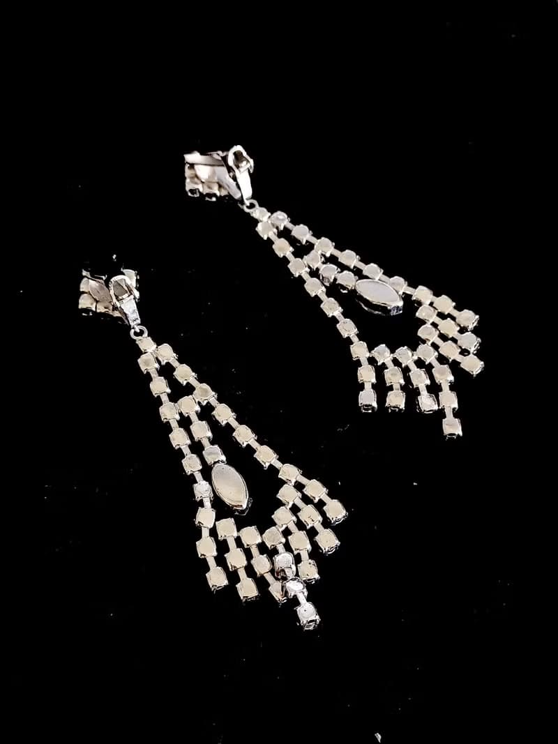 vintage jewelry 華麗晚宴風垂墜萊茵鑽 夾式耳環