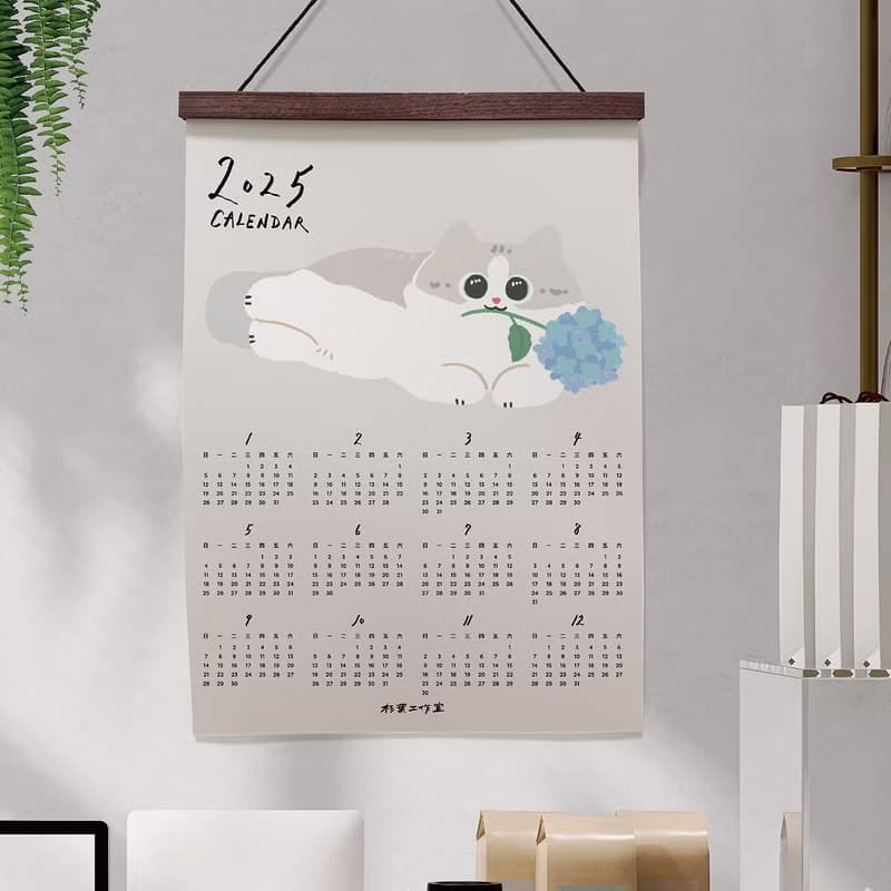 森蕗插畫 2025年曆 布偶貓貓叼花掛曆海報 居家佈置 店面佈置