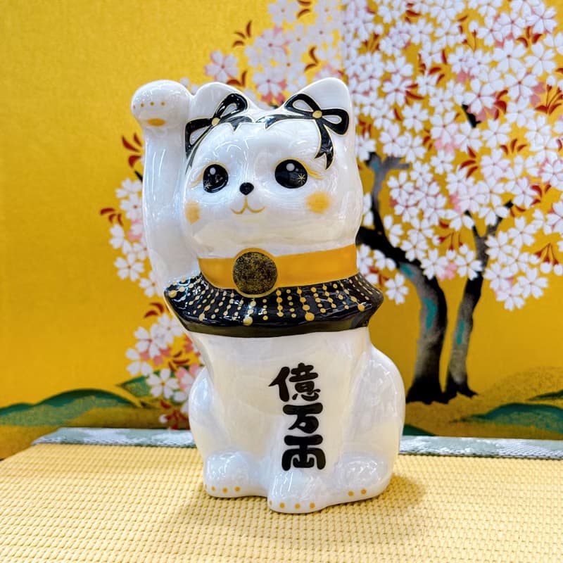 【瑞白盈両】日本清水燒招財貓 | 花結晶白 - 白体花億万両