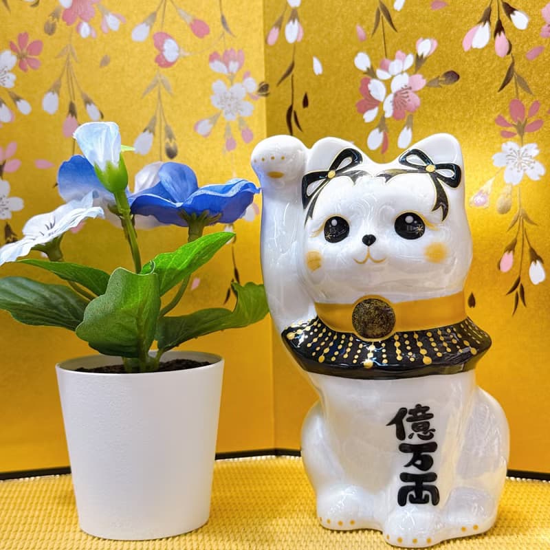 【瑞白盈両】日本清水燒招財貓 | 花結晶白 - 白体花億万両