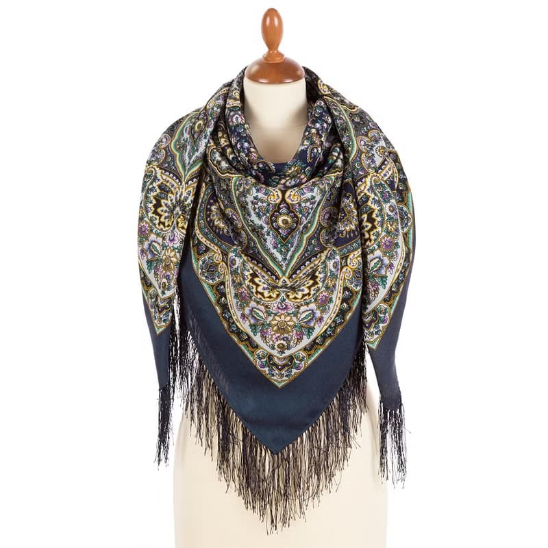 Pavlovo Posad Russian Shawl 100% Wool Scarf 125x125 cm Wrap Silk Fringe 1918-14