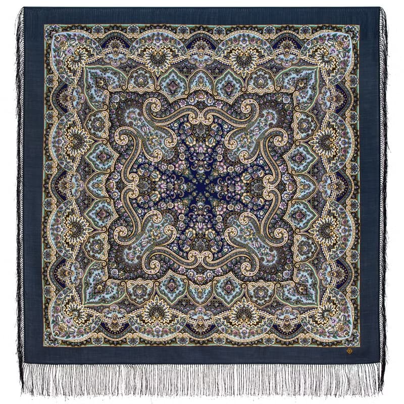 Pavlovo Posad Russian Shawl 100% Wool Scarf 125x125 cm Wrap Silk Fringe 1918-14