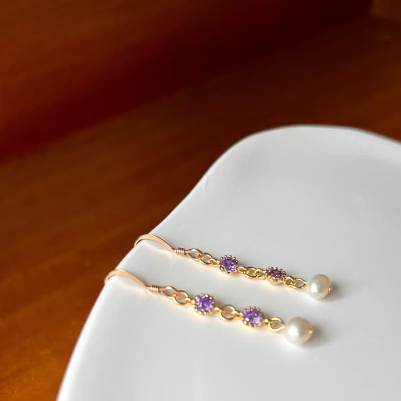 14K包金 紫羅蘭鑽天然橢圓珍珠耳環 耳夾 14KGF