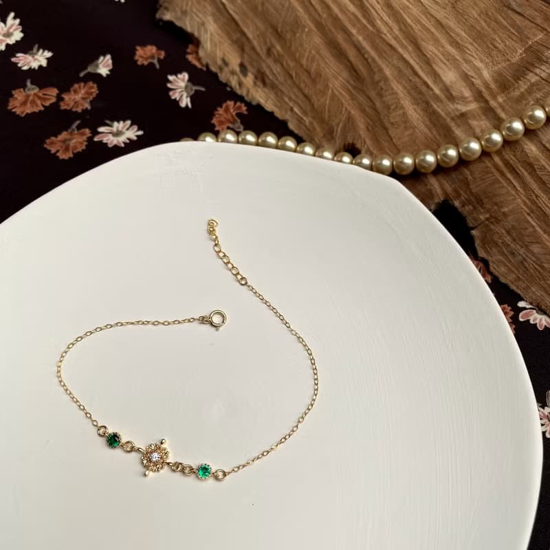 訂製款 14KGF 14K包金 復古綠寶石手鍊 細手鍊