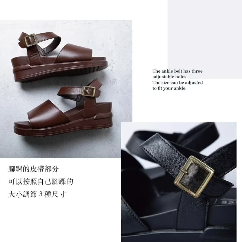 拖鞋 涼鞋 真皮 女款 舒適牛皮 高跟 搭扣 厚底 黑色 棕色 簡約風