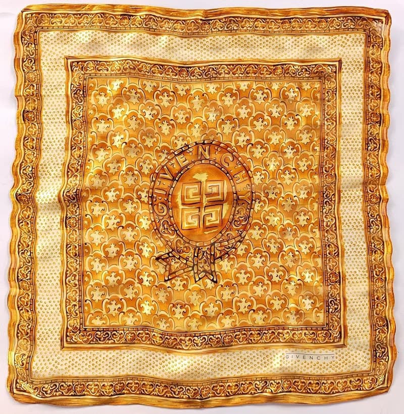 Givenchy Vintage Silk Scarf Brown Motifs Gift for Her 24 x 23 inches