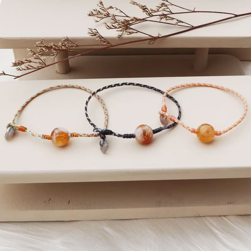 【水晶蠟繩系列】奶蓋黃水晶x煙紫瑪瑙x極細蠟繩手鍊