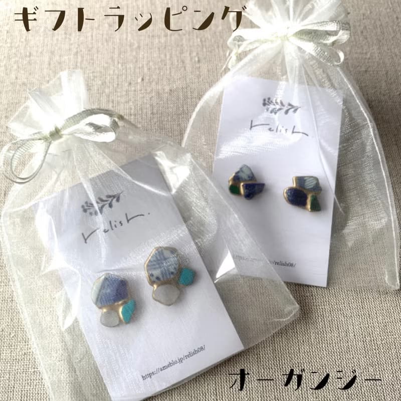 金継ぎ ライン 三角 陶器 ブラウン ピアス イヤリング ノンホールピアス シンプル