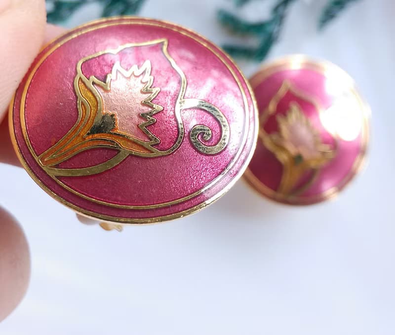 【西洋古董飾品 】景泰藍 紅底 簡約風格 花卉 夾式耳環