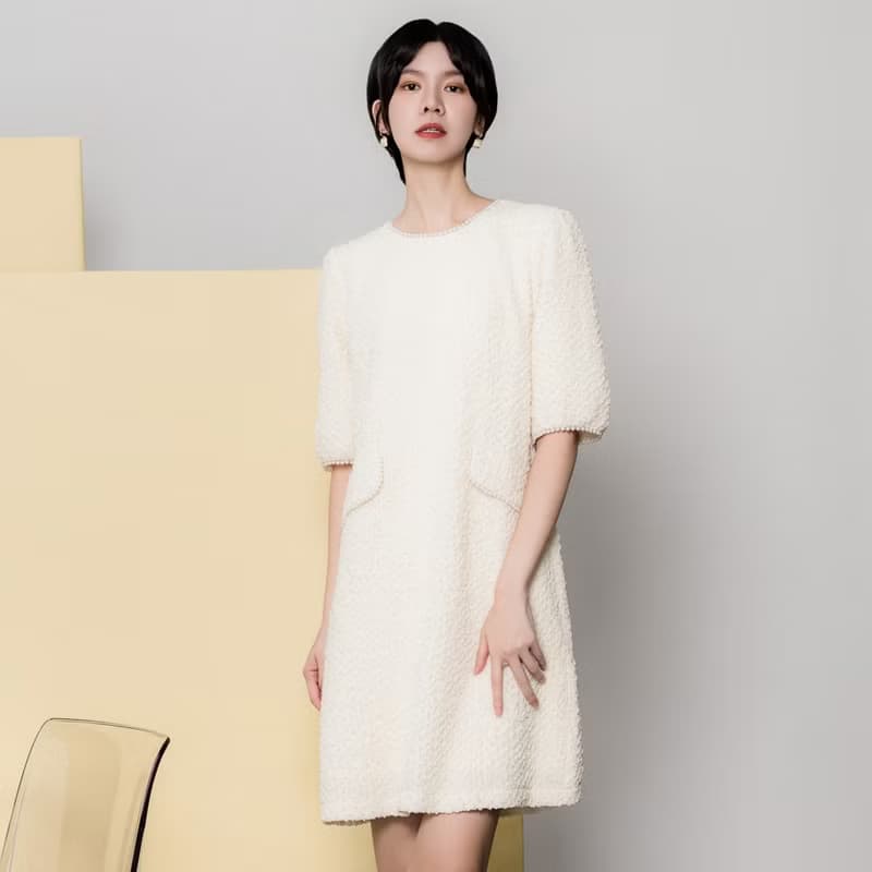 【MEDUSA】珍珠紋理泡泡公主袖洋裝(M-XL) | 小禮服 白洋裝 婚禮