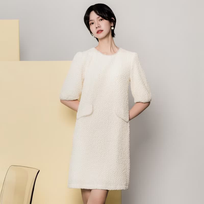 【MEDUSA】珍珠紋理泡泡公主袖洋裝(M-XL) | 小禮服 白洋裝 婚禮