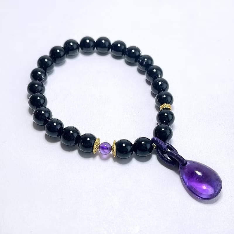 天然礦石 滴水不漏 黑髮晶7.5mm 頂級烏拉圭紫水晶 手鍊