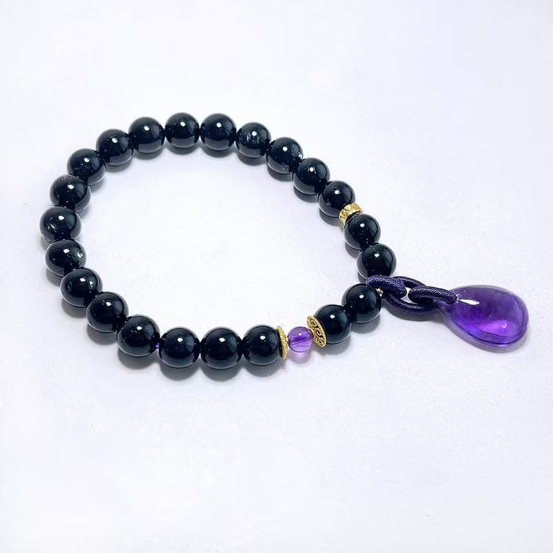 天然礦石 滴水不漏 黑髮晶7.5mm 頂級烏拉圭紫水晶 手鍊