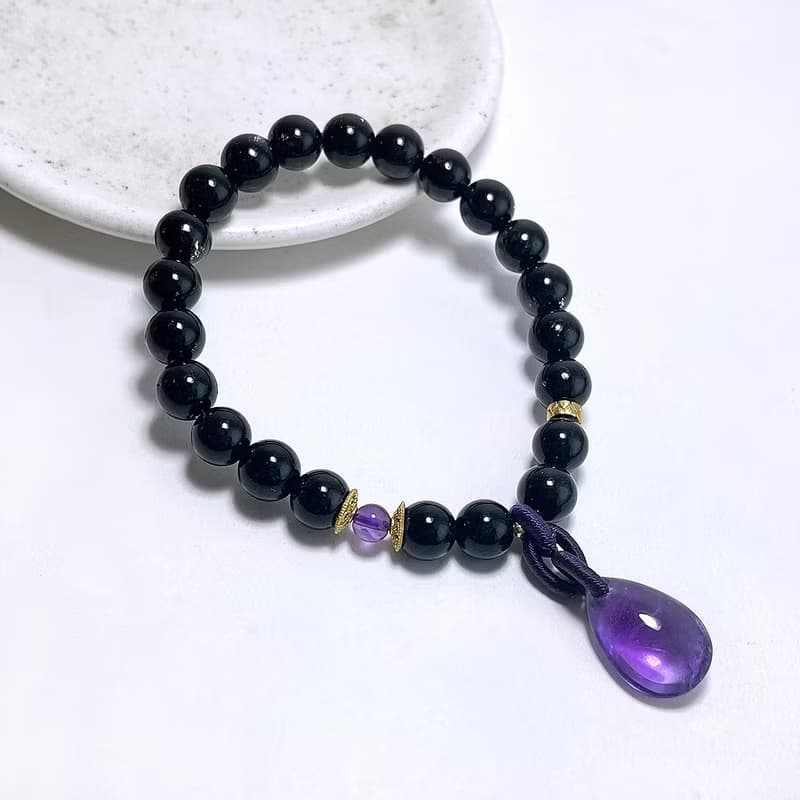 天然礦石 滴水不漏 黑髮晶7.5mm 頂級烏拉圭紫水晶 手鍊
