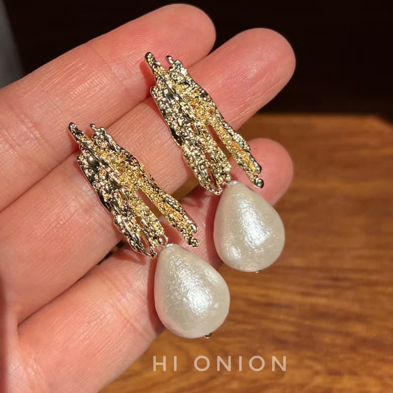 Hi Onion小眾設計復古棉花珍珠耳釘水滴耳夾個性高級氣質百搭耳飾