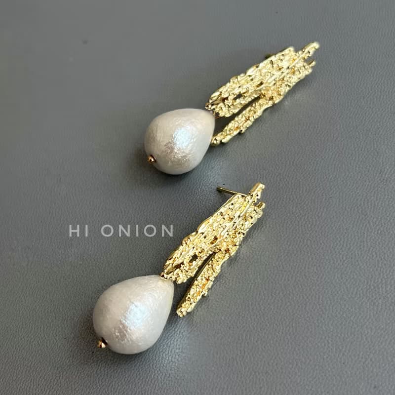 Hi Onion小眾設計復古棉花珍珠耳釘水滴耳夾個性高級氣質百搭耳飾