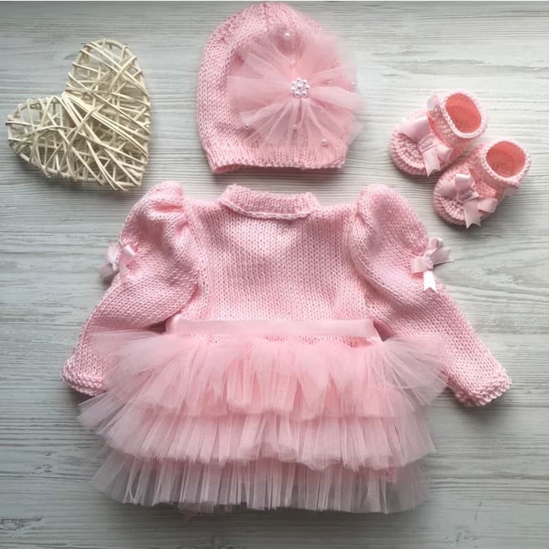 Pink clothing set for baby girl. Hand knit dress, hat, booties for baby.