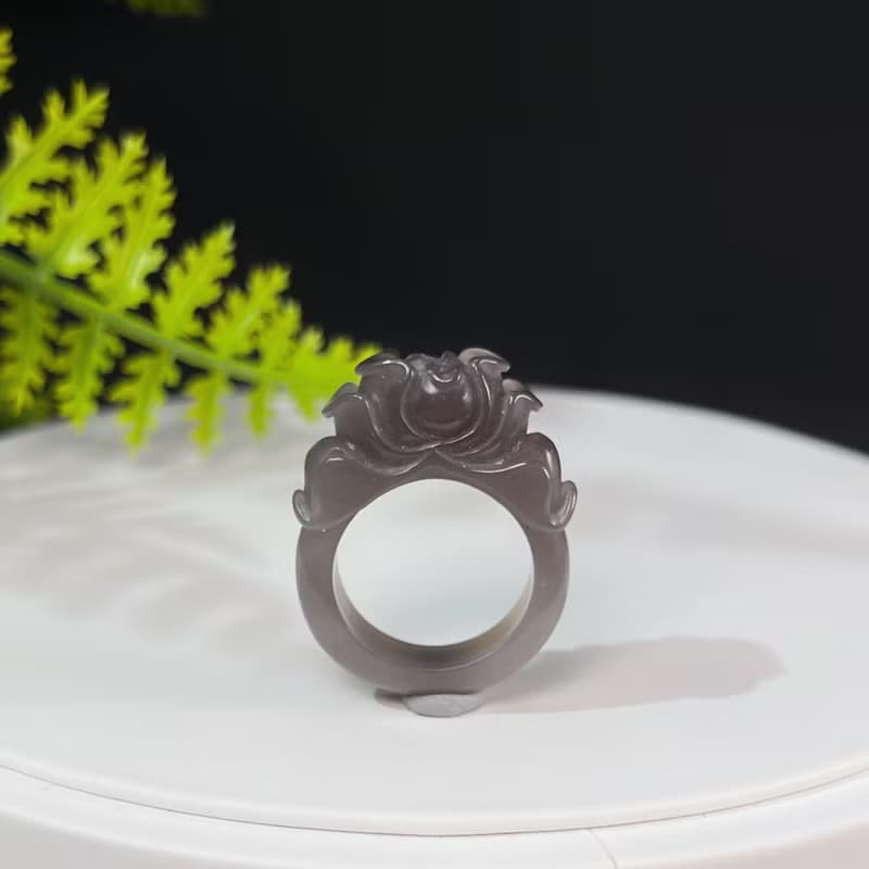 和田玉煙紫戒指 立體雕刻牡丹 附證書 花開富貴 可做吊墜 兩用款