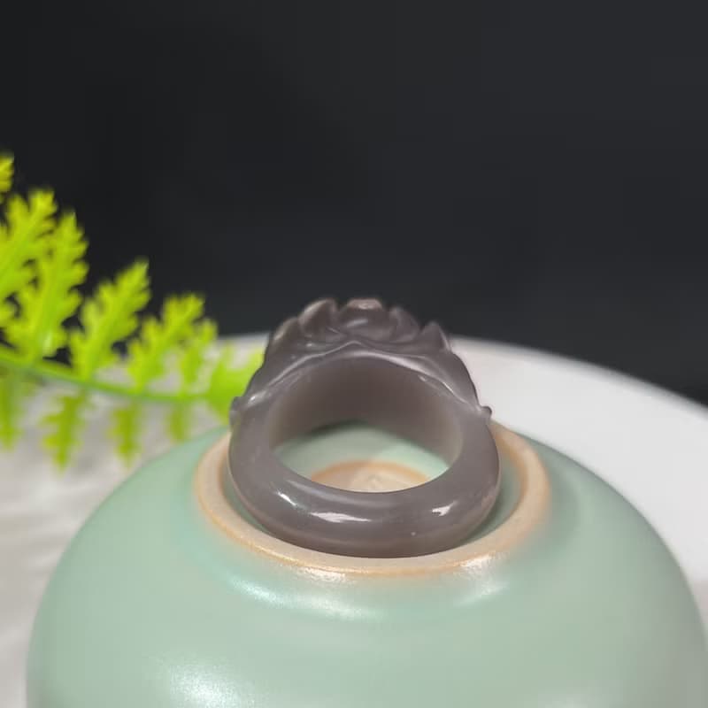 和田玉煙紫戒指 立體雕刻牡丹 附證書 花開富貴 可做吊墜 兩用款