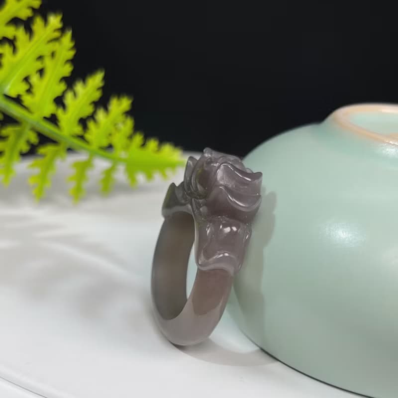 和田玉煙紫戒指 立體雕刻牡丹 附證書 花開富貴 可做吊墜 兩用款