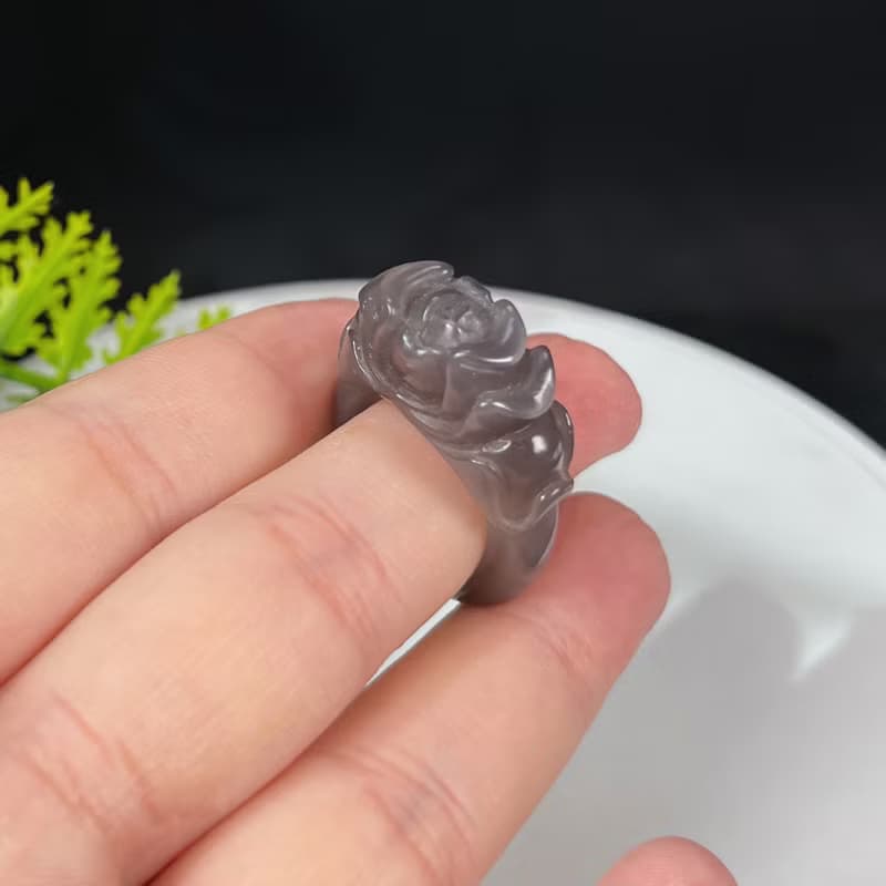 和田玉煙紫戒指 立體雕刻牡丹 附證書 花開富貴 可做吊墜 兩用款