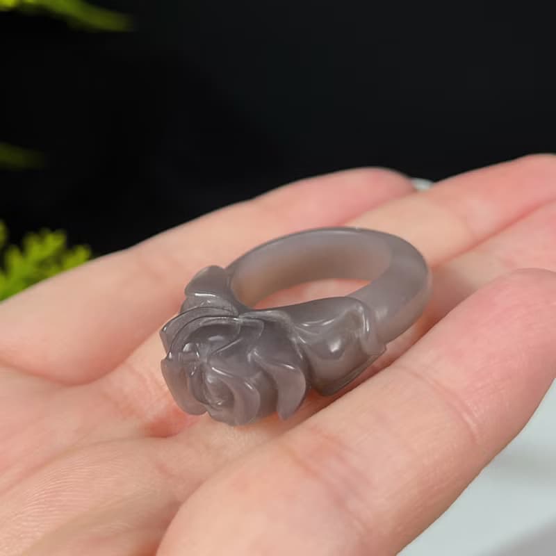 和田玉煙紫戒指 立體雕刻牡丹 附證書 花開富貴 可做吊墜 兩用款