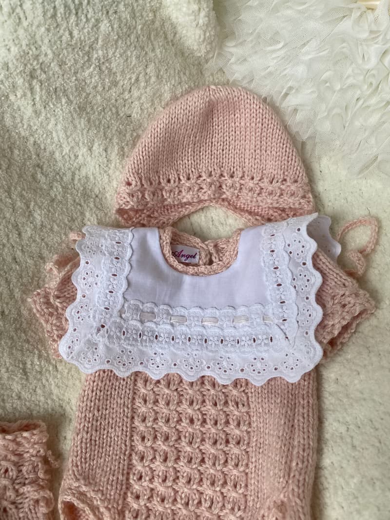 Hand knit pink outfit for baby girl: romper, hat, socks. Take home outfit.