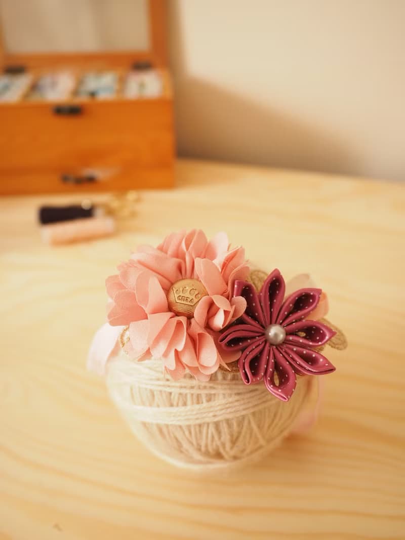 手作粉紅色雪紡拼花彈性髮帶頭飾 適合彌月宴會家庭照