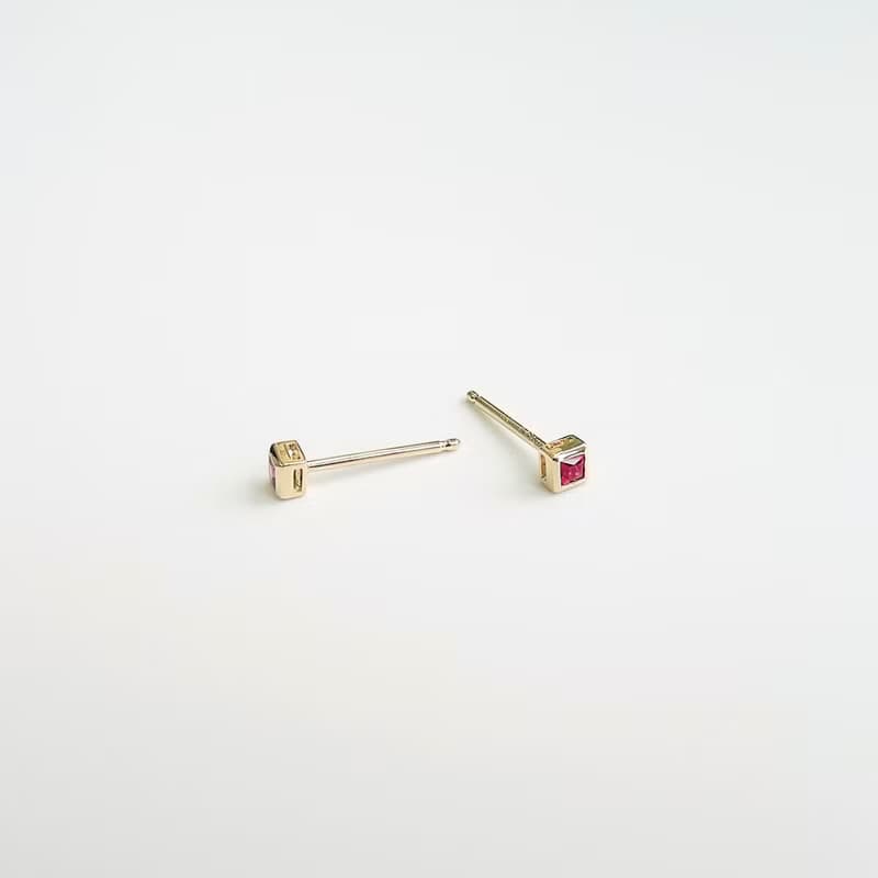 迷你方形天然紅寶石包鑲 純 18K 黃金 白金 玫瑰金 耳環