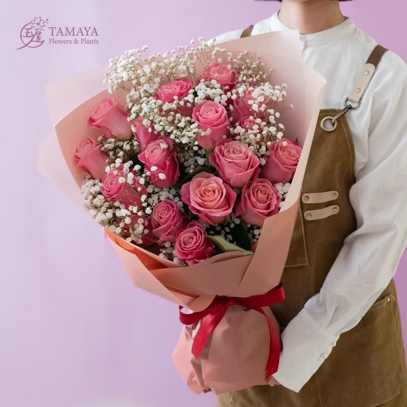 胭脂桃紅玫瑰花束 | 18朵