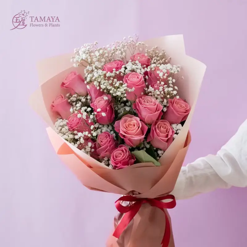 胭脂桃紅玫瑰花束 | 18朵