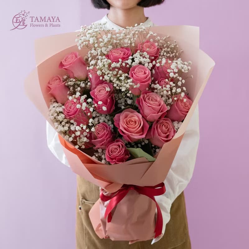 胭脂桃紅玫瑰花束 | 18朵