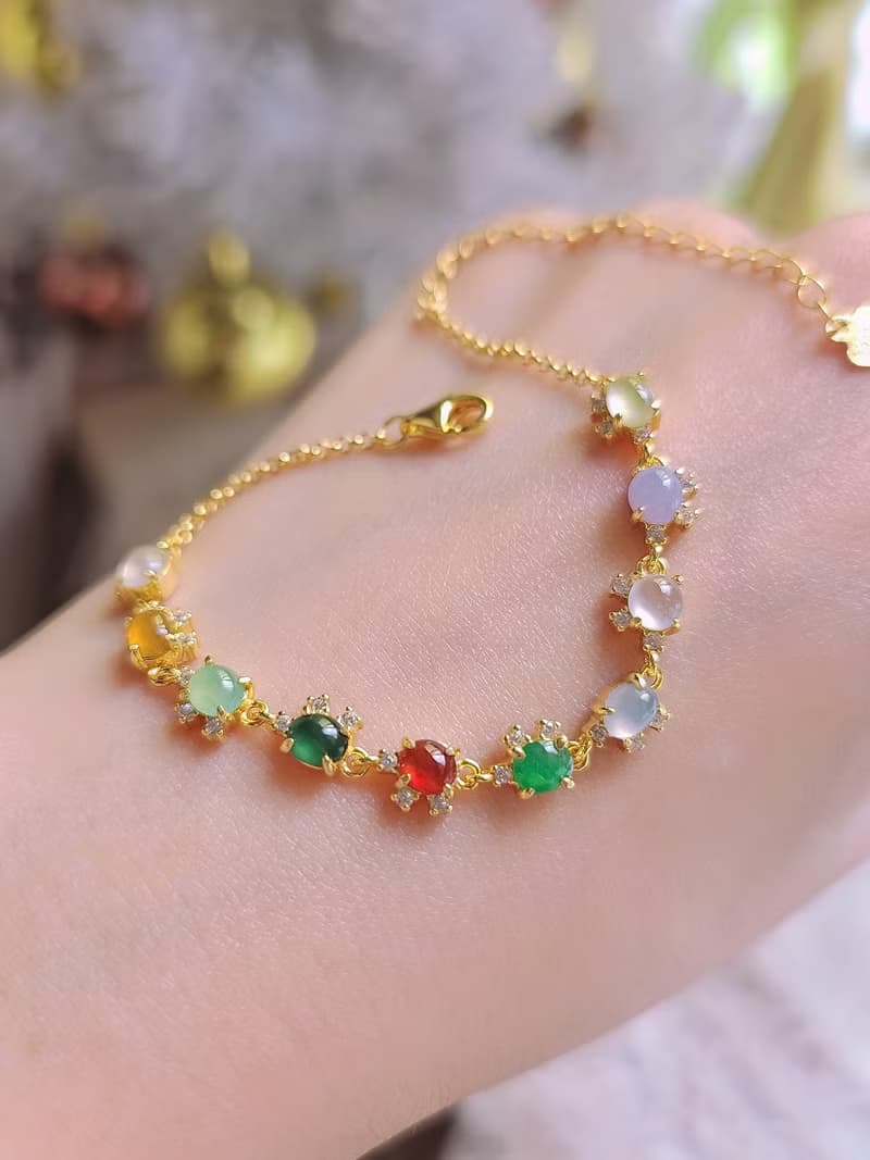 |轉好運•補五行|夢幻馬卡龍彩虹多寶|緬甸A貨翡翠純銀手鏈