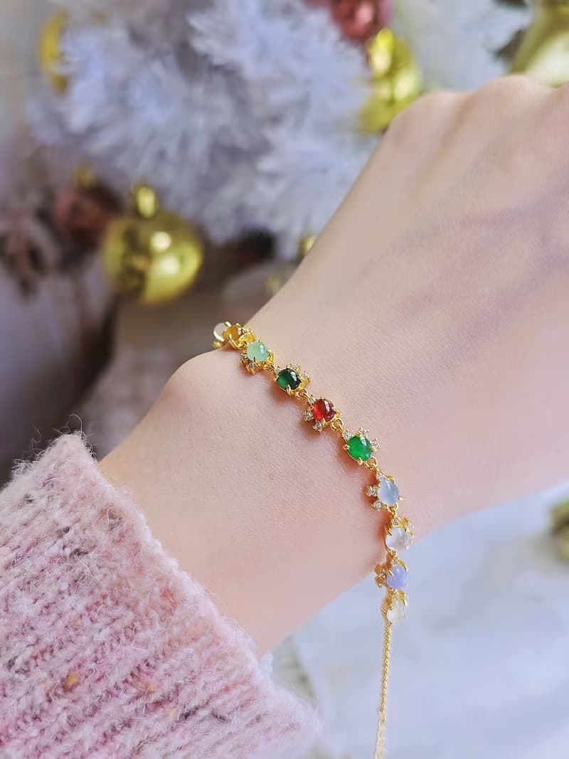 |轉好運•補五行|夢幻馬卡龍彩虹多寶|緬甸A貨翡翠純銀手鏈