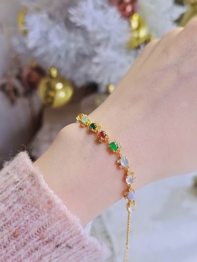 |轉好運•補五行|夢幻馬卡龍彩虹多寶|緬甸A貨翡翠純銀手鏈