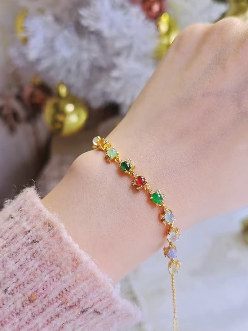 |轉好運•補五行|夢幻馬卡龍彩虹多寶|緬甸A貨翡翠純銀手鏈