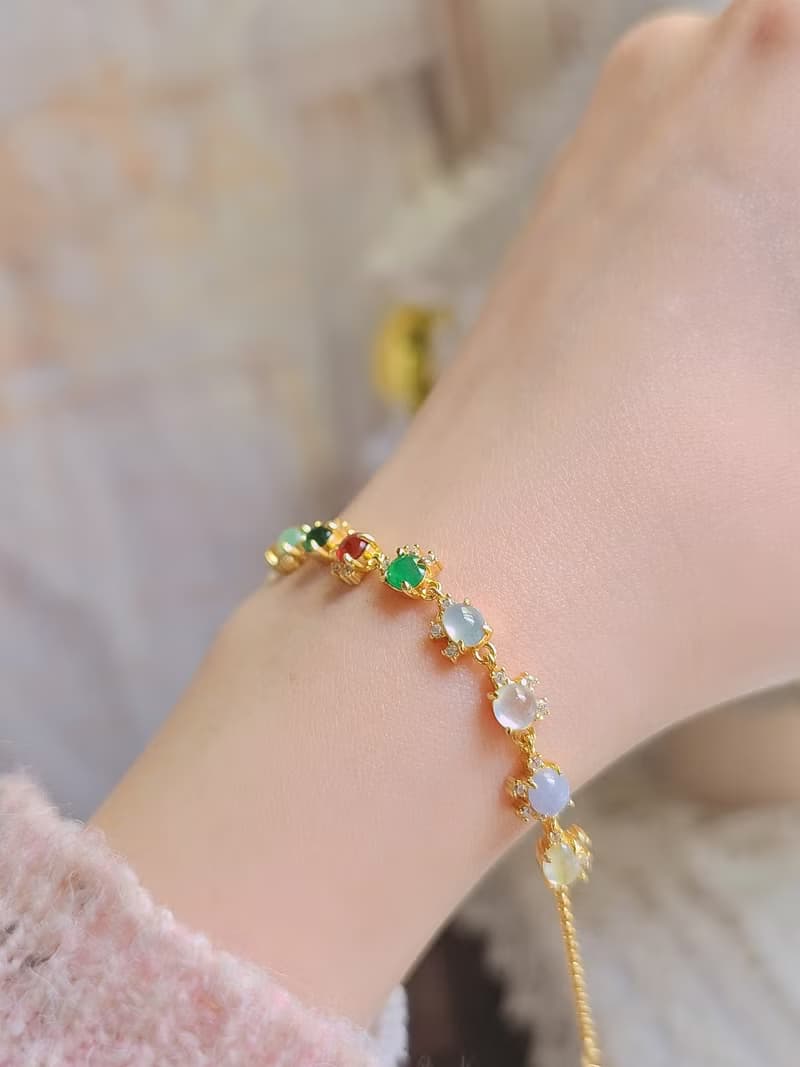 |轉好運•補五行|夢幻馬卡龍彩虹多寶|緬甸A貨翡翠純銀手鏈