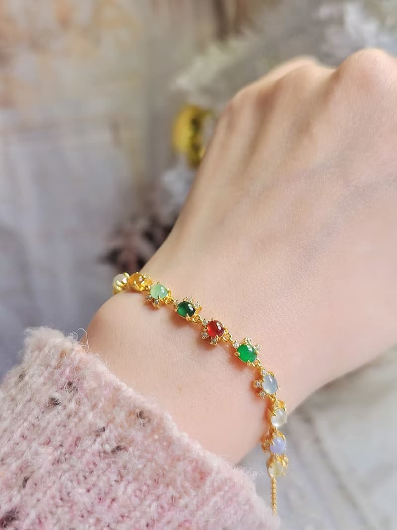 |轉好運•補五行|夢幻馬卡龍彩虹多寶|緬甸A貨翡翠純銀手鏈