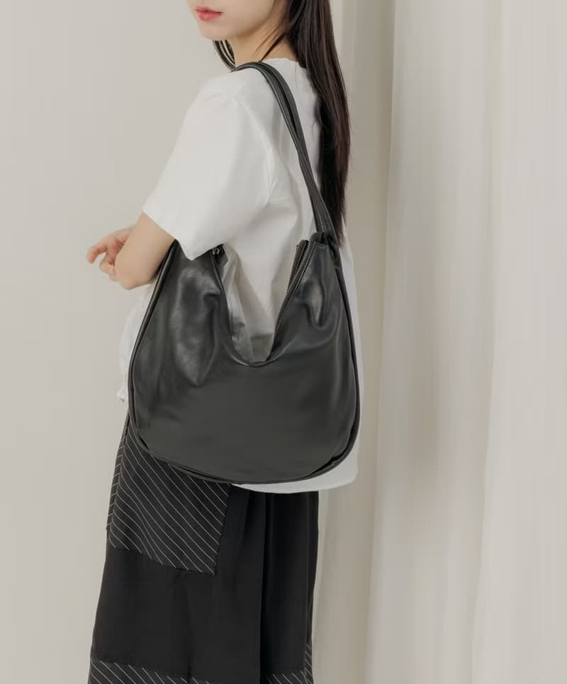 supportingrole 真皮優雅柔軟簡約肩背包 黑