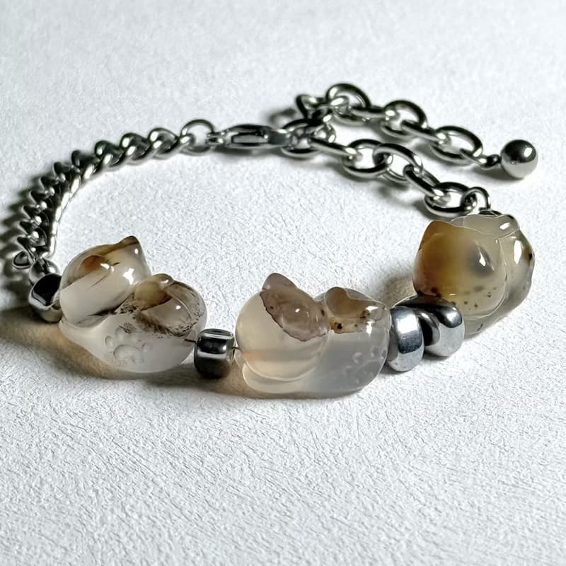 精工瑪瑙貓咪鈦鋼手鍊