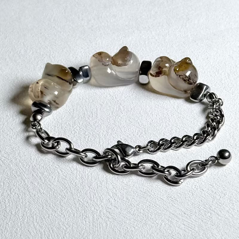 精工瑪瑙貓咪鈦鋼手鍊