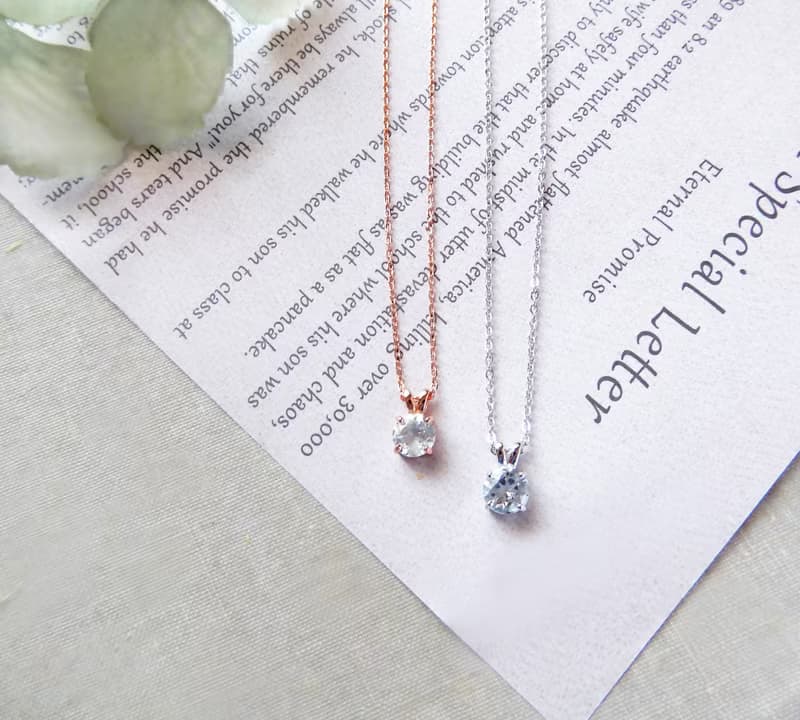 頂級淡色海藍寶6mm純銀鍍玫瑰金項鍊-三月誕生石