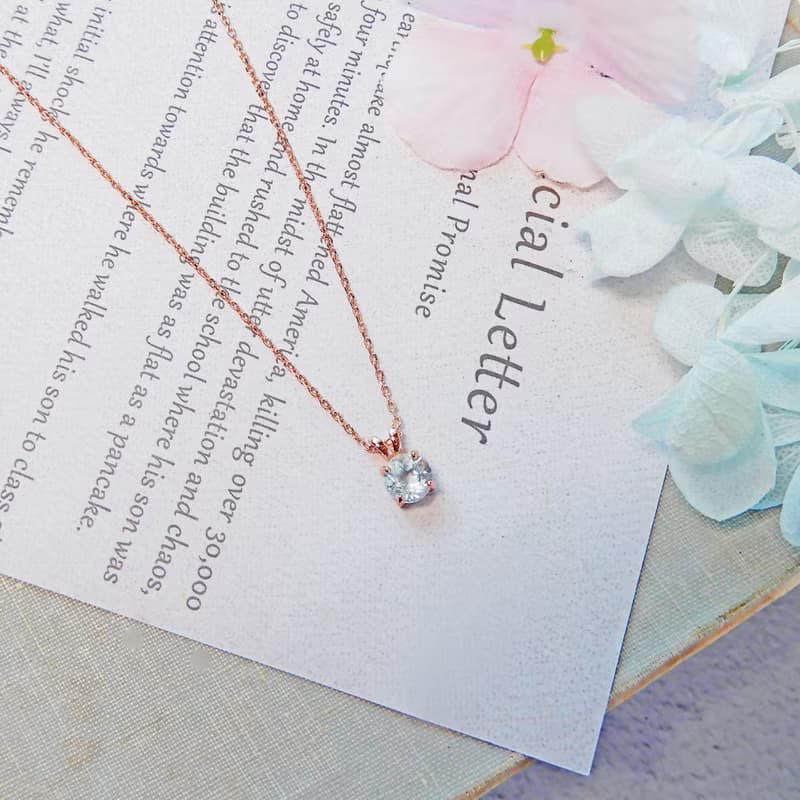 頂級淡色海藍寶6mm純銀鍍玫瑰金項鍊-三月誕生石