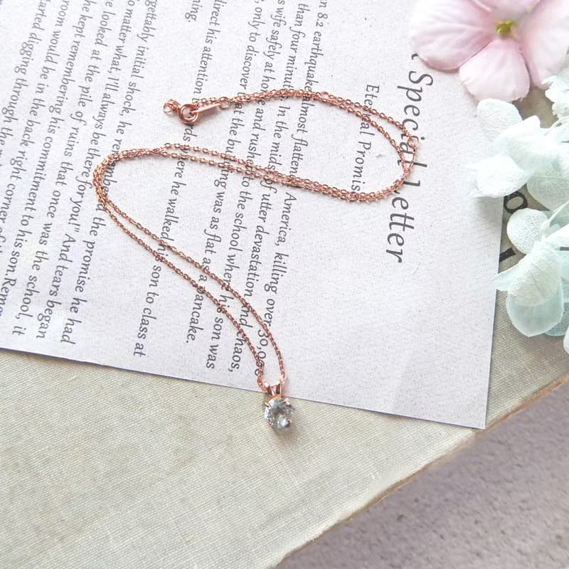 頂級淡色海藍寶6mm純銀鍍玫瑰金項鍊-三月誕生石