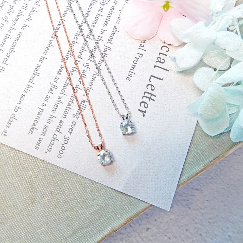 頂級淡色海藍寶6mm純銀鍍玫瑰金項鍊-三月誕生石