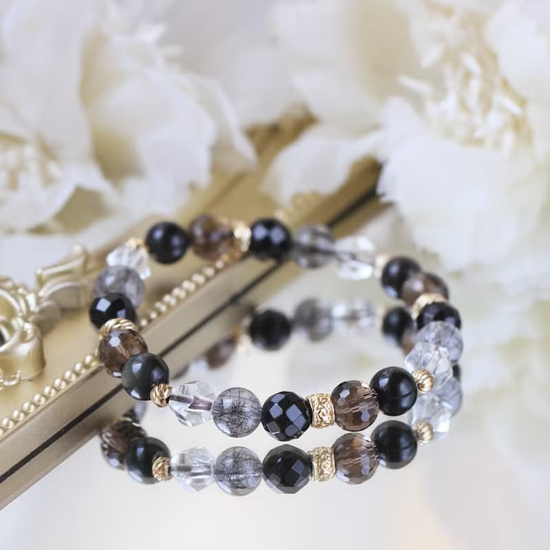 黑曜石 黑髮晶 茶晶 黑瑪瑙。阿寒湖。8mm健康避邪水晶手鍊