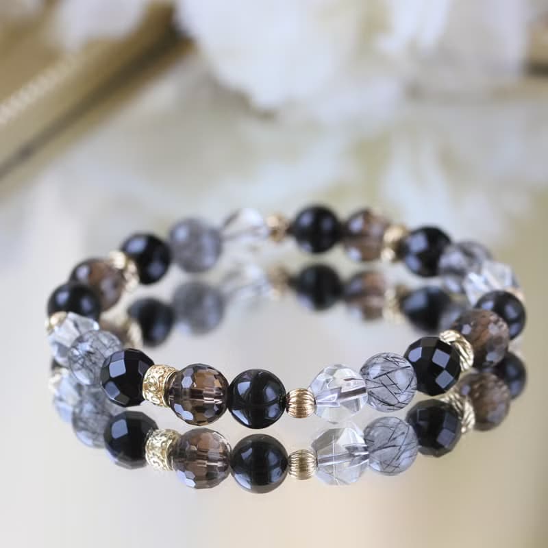 黑曜石 黑髮晶 茶晶 黑瑪瑙。阿寒湖。8mm健康避邪水晶手鍊